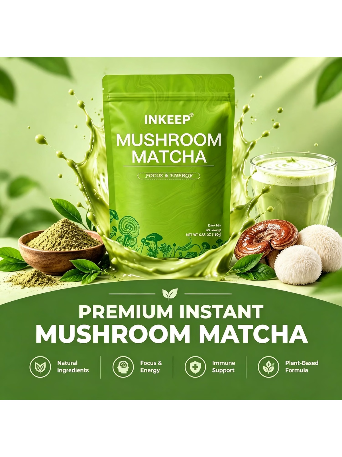 INKEEP Mushroom Matcha – Japanese Matcha with 7 Adaptogenic Mushrooms for Smooth Energy & Focus, 30 Servings