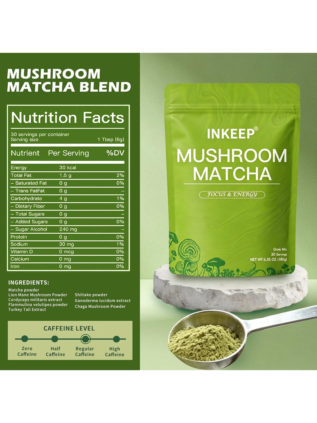 INKEEP Mushroom Matcha – Japanese Matcha with 7 Adaptogenic Mushrooms for Smooth Energy & Focus, 30 Servings