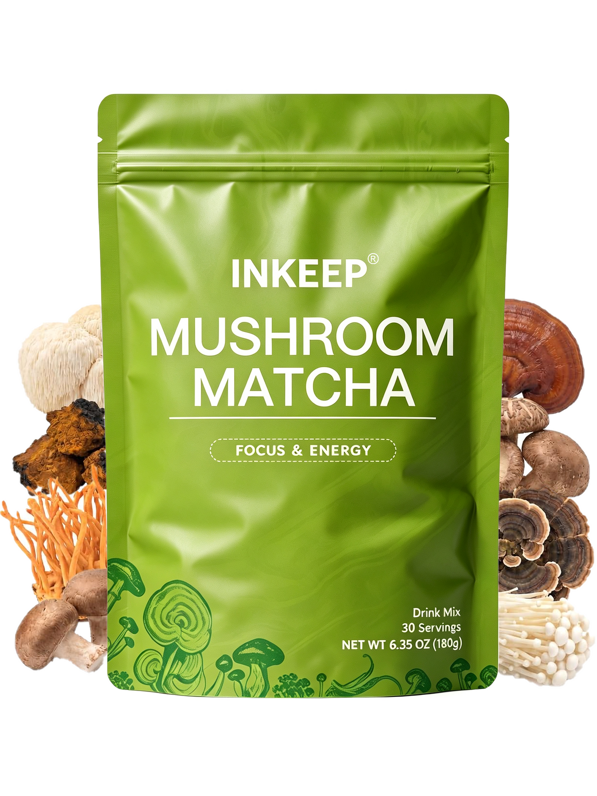 INKEEP Mushroom Matcha – Japanese Matcha with 7 Adaptogenic Mushrooms for Smooth Energy & Focus, 30 Servings