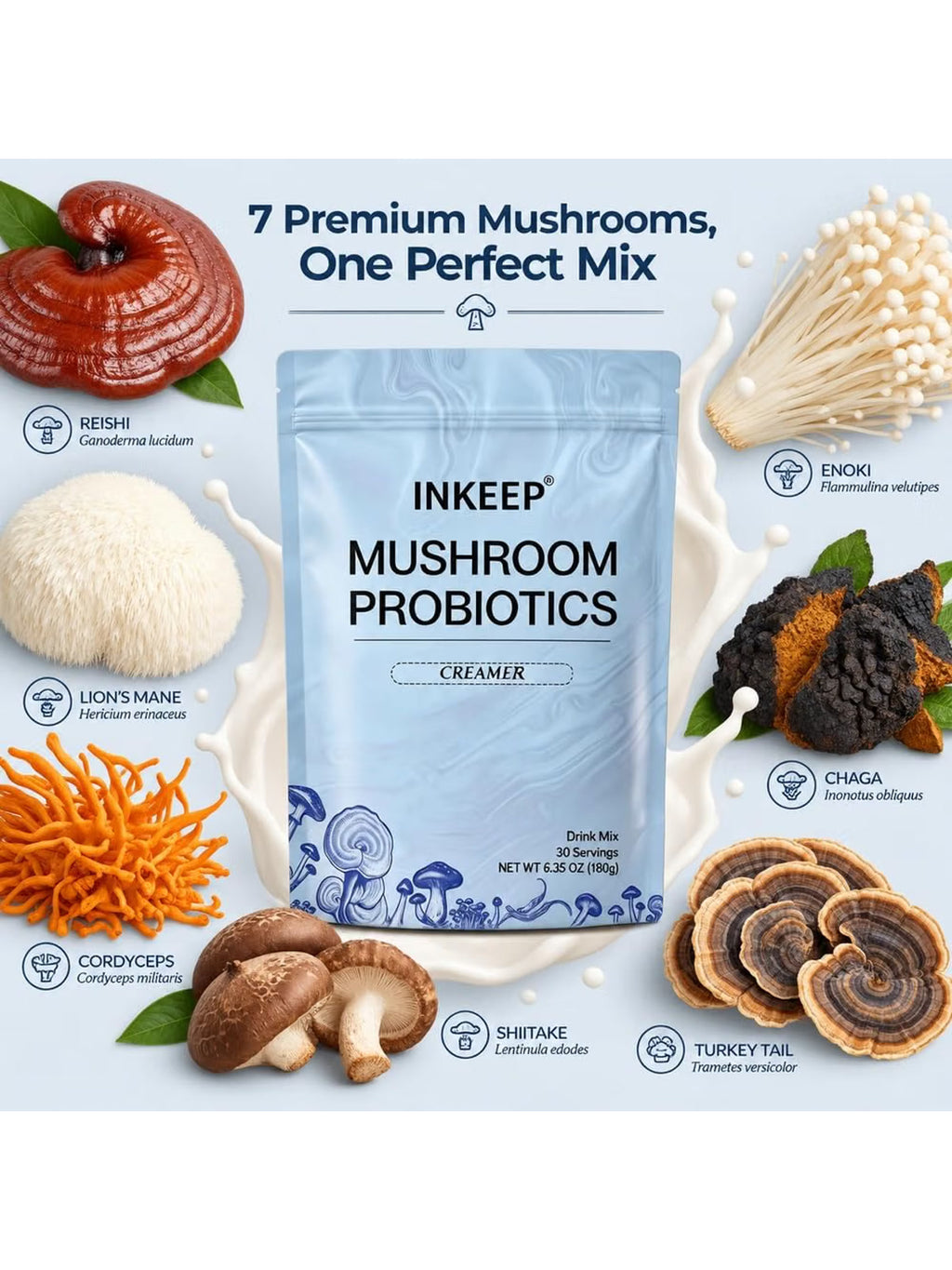 INKEEP Mushroom Probiotics Creamer – Plant-Based Non-Dairy Coffee Creamer with 7 Adaptogenic Mushrooms for Gut-Friendly Balance, 30 Servings