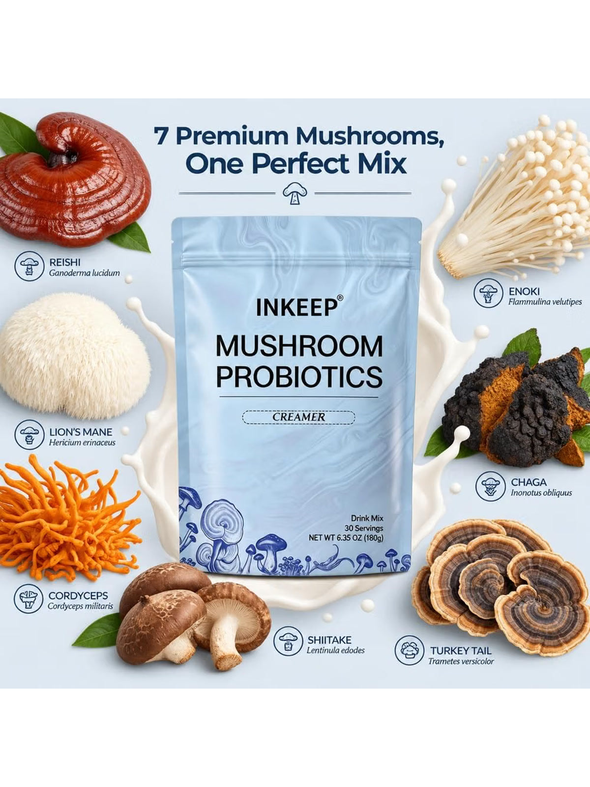 INKEEP Mushroom Probiotics Creamer – Plant-Based Non-Dairy Coffee Creamer with 7 Adaptogenic Mushrooms for Gut-Friendly Balance, 30 Servings