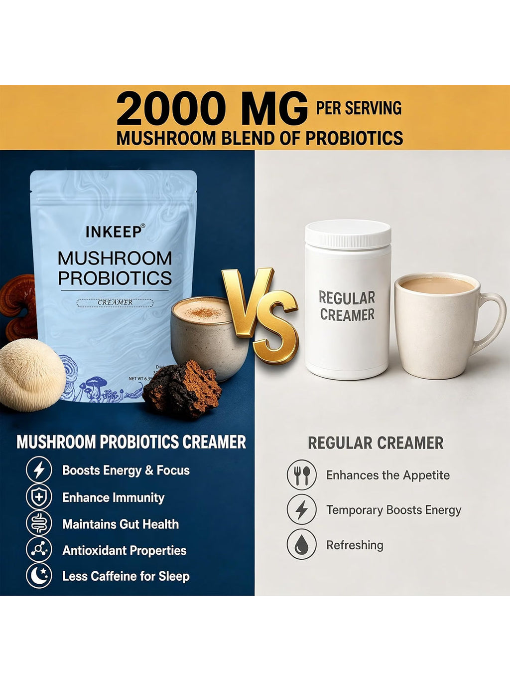 INKEEP Mushroom Probiotics Creamer – Plant-Based Non-Dairy Coffee Creamer with 7 Adaptogenic Mushrooms for Gut-Friendly Balance, 30 Servings