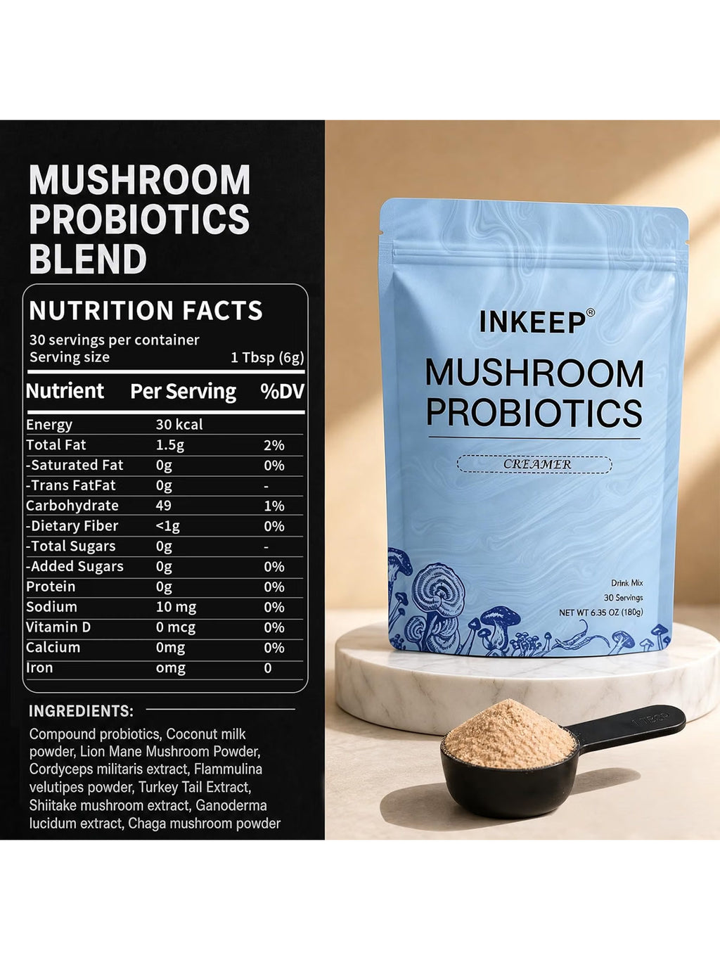 INKEEP Mushroom Probiotics Creamer – Plant-Based Non-Dairy Coffee Creamer with 7 Adaptogenic Mushrooms for Gut-Friendly Balance, 30 Servings