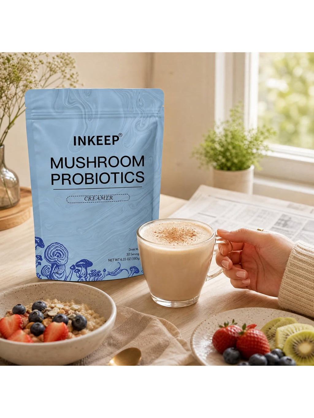 INKEEP Mushroom Probiotics Creamer – Plant-Based Non-Dairy Coffee Creamer with 7 Adaptogenic Mushrooms for Gut-Friendly Balance, 30 Servings