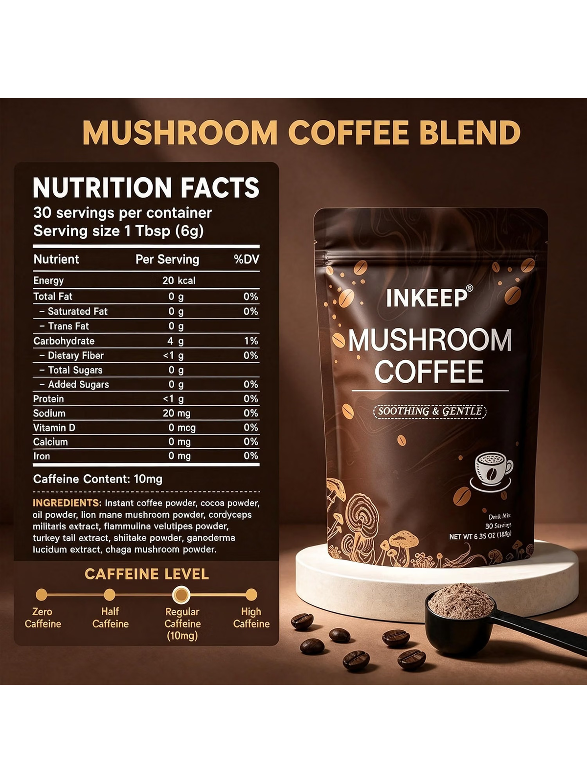 INKEEP 7 Adaptogenic Mushroom Coffee – for Natural Energy & Immune Support, Premium Arabica Instant Coffee