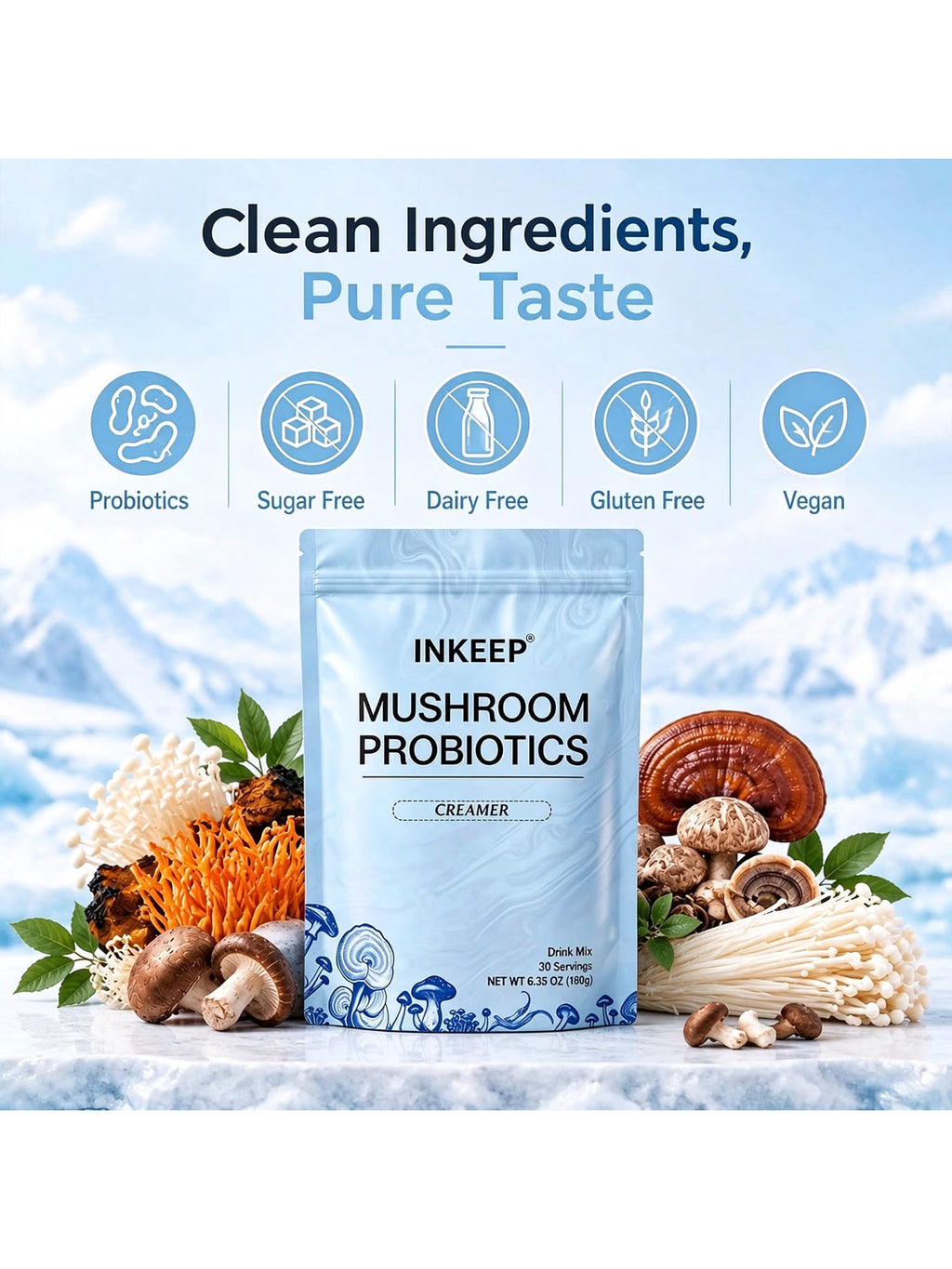 INKEEP Mushroom Probiotics Creamer – Plant-Based Non-Dairy Coffee Creamer with 7 Adaptogenic Mushrooms for Gut-Friendly Balance, 30 Servings
