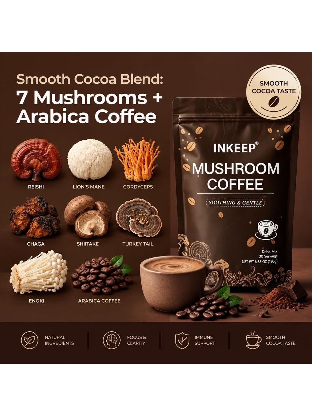 INKEEP 7 Adaptogenic Mushroom Coffee – for Natural Energy & Immune Support, Premium Arabica Instant Coffee