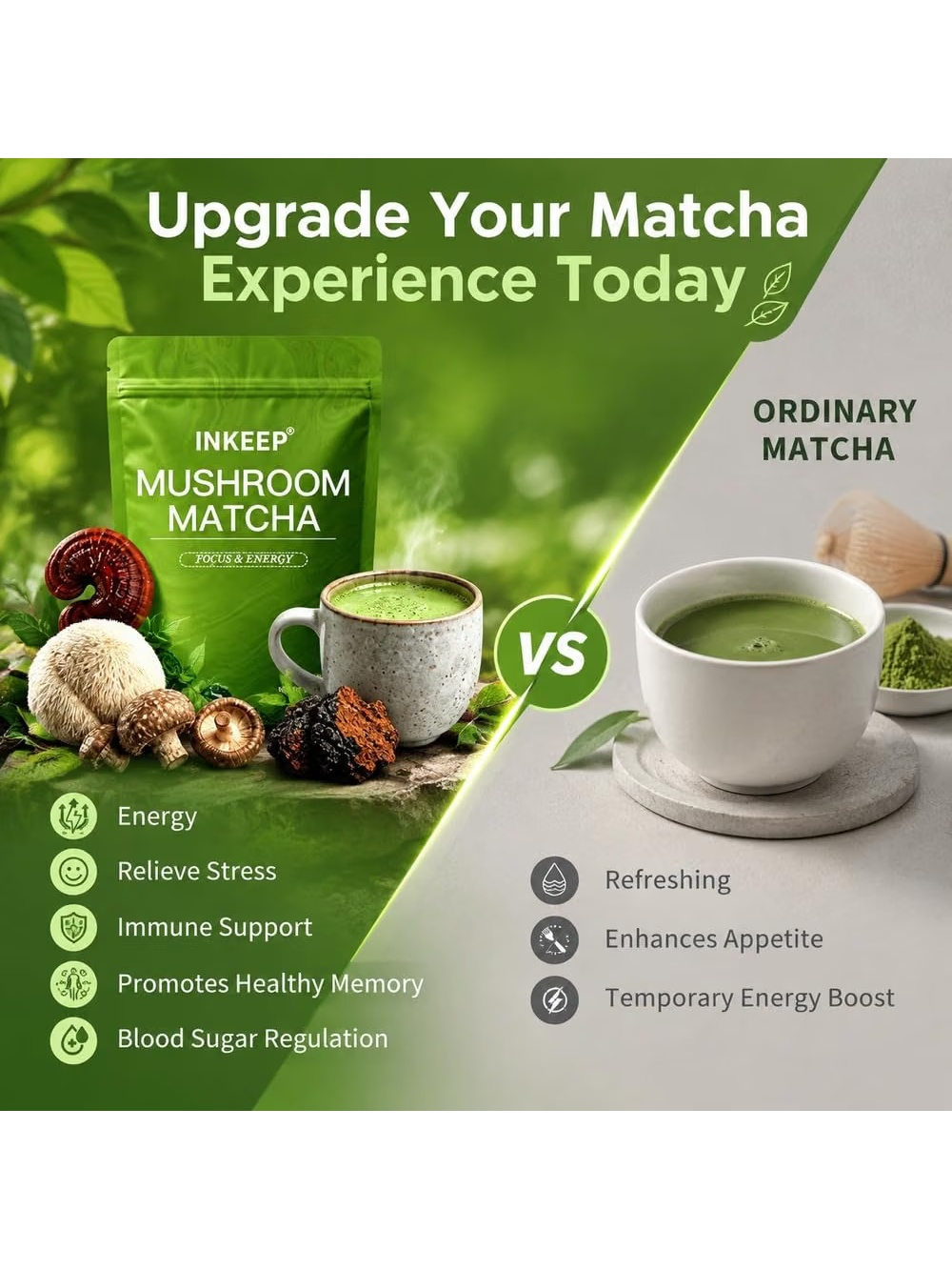 INKEEP Mushroom Matcha – Japanese Matcha with 7 Adaptogenic Mushrooms for Smooth Energy & Focus, 30 Servings