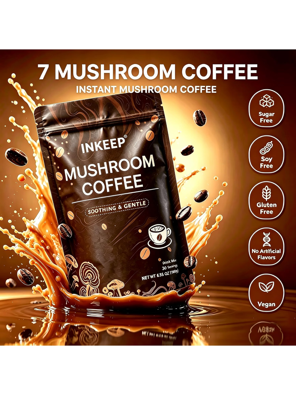 INKEEP 7 Adaptogenic Mushroom Coffee – for Natural Energy & Immune Support, Premium Arabica Instant Coffee