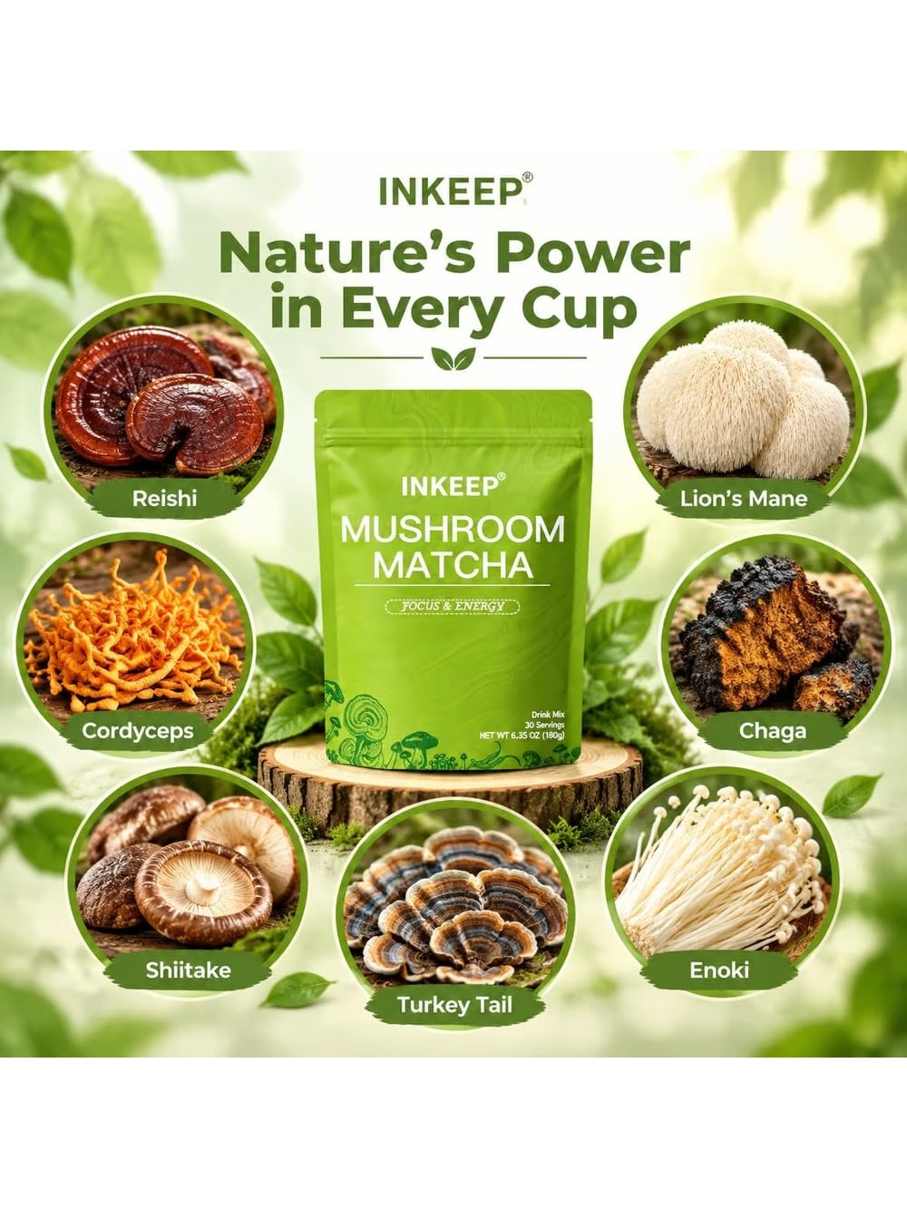 INKEEP Mushroom Matcha – Japanese Matcha with 7 Adaptogenic Mushrooms for Smooth Energy & Focus, 30 Servings